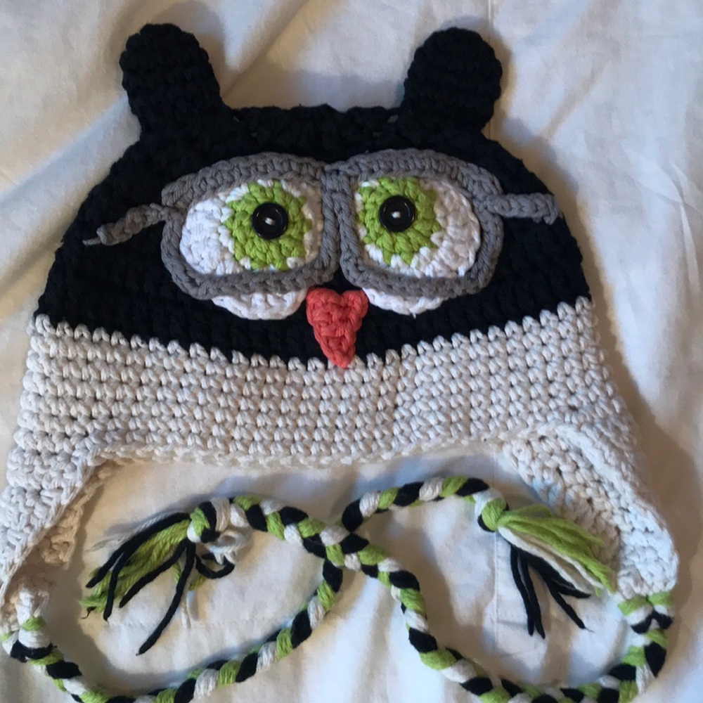 Hand knit owl baby hat with braided ties